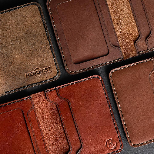 Handmade whisky pull-up leather bifold wallet with ID slot, full display view