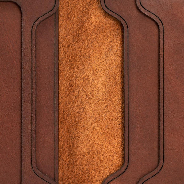Handmade whisky pull-up leather bifold wallet, close-up of leather texture and stitching