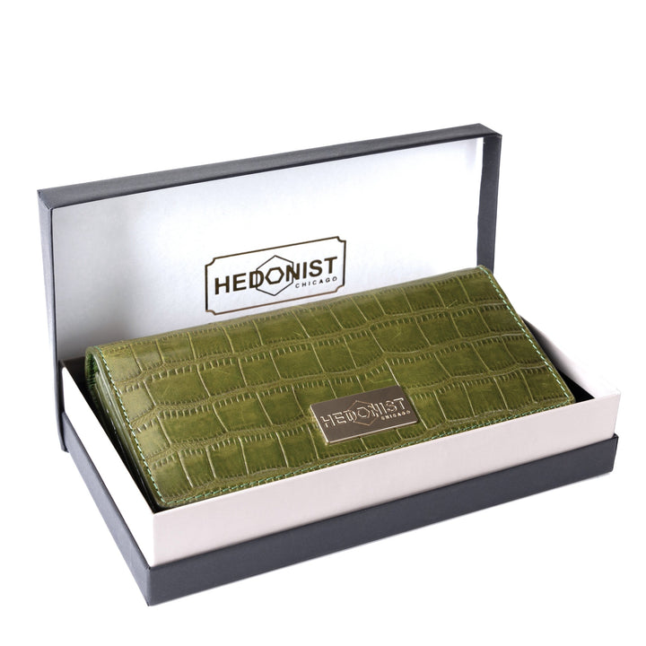 Trifold Women's Green Leather Wallet with Croc by Hedonist Chicago gift box