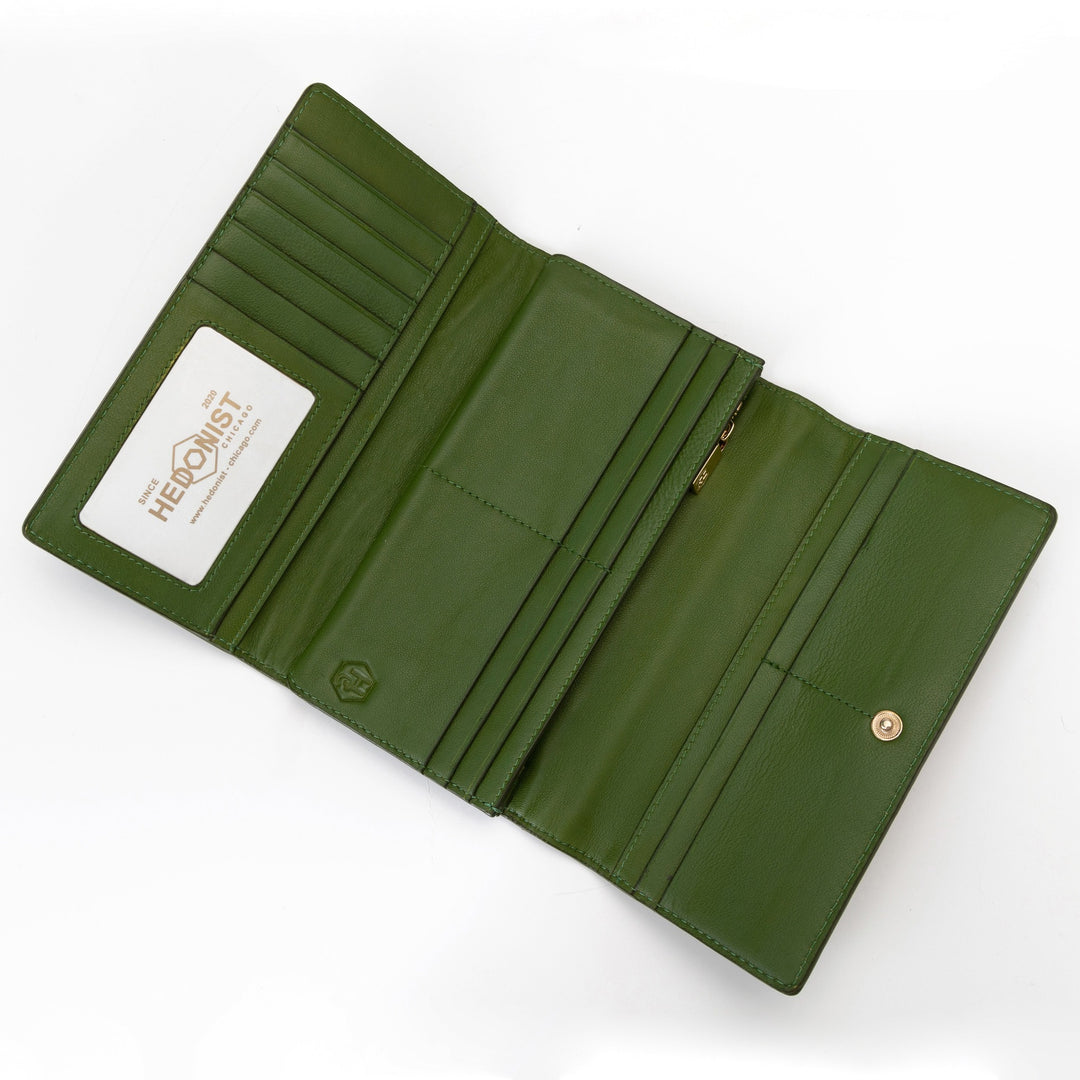 Trifold Women's Green Leather Wallet with Croc by Hedonist Chicago ID Window