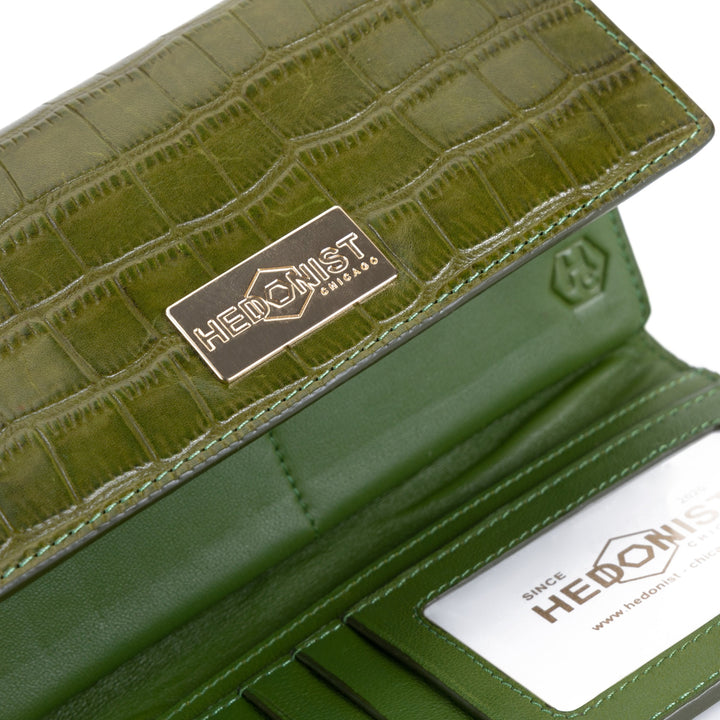 Trifold Women's Green Leather Wallet with Croc by Hedonist Chicago top view