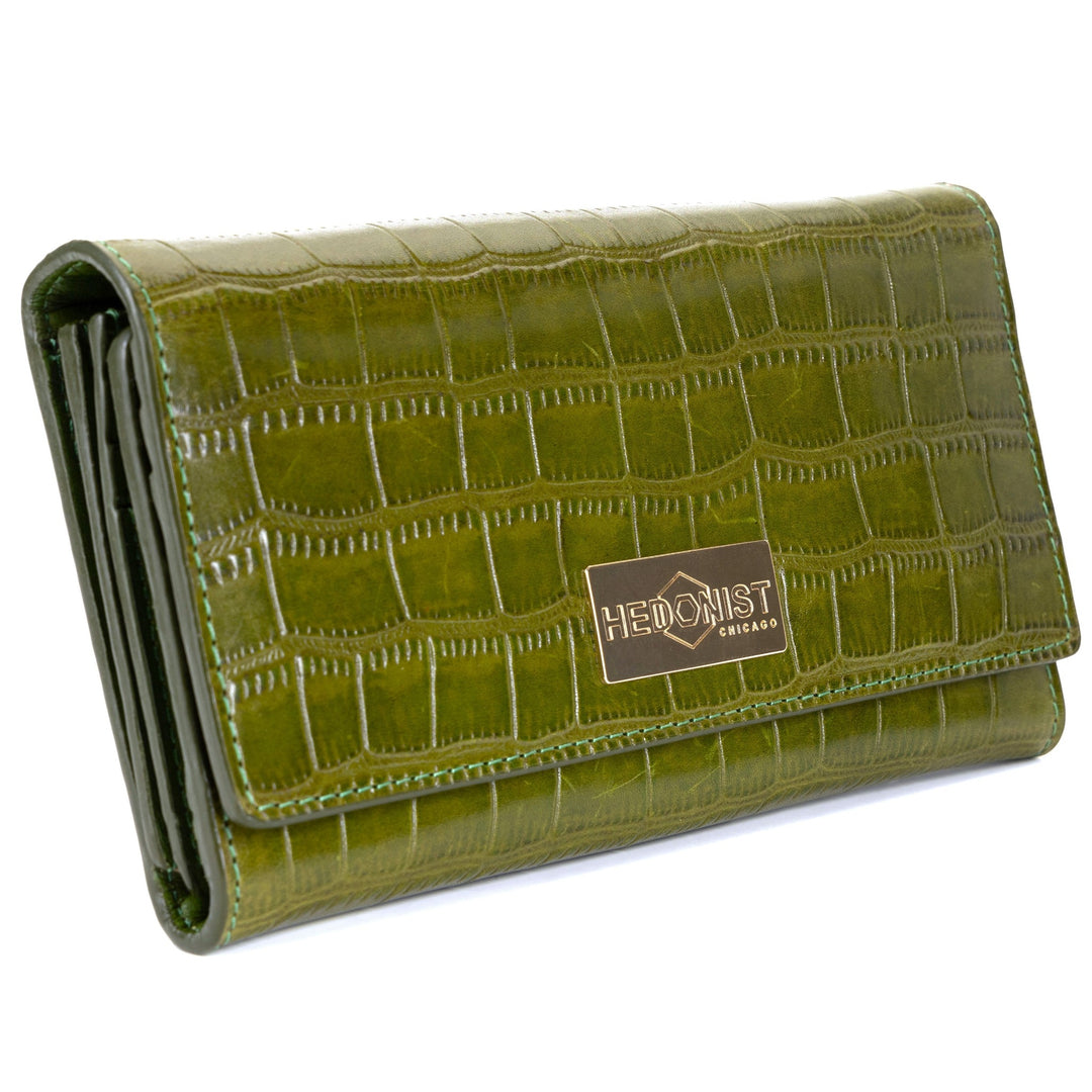 Trifold Women's Green Leather Wallet with Croc by Hedonist Chicago Main View