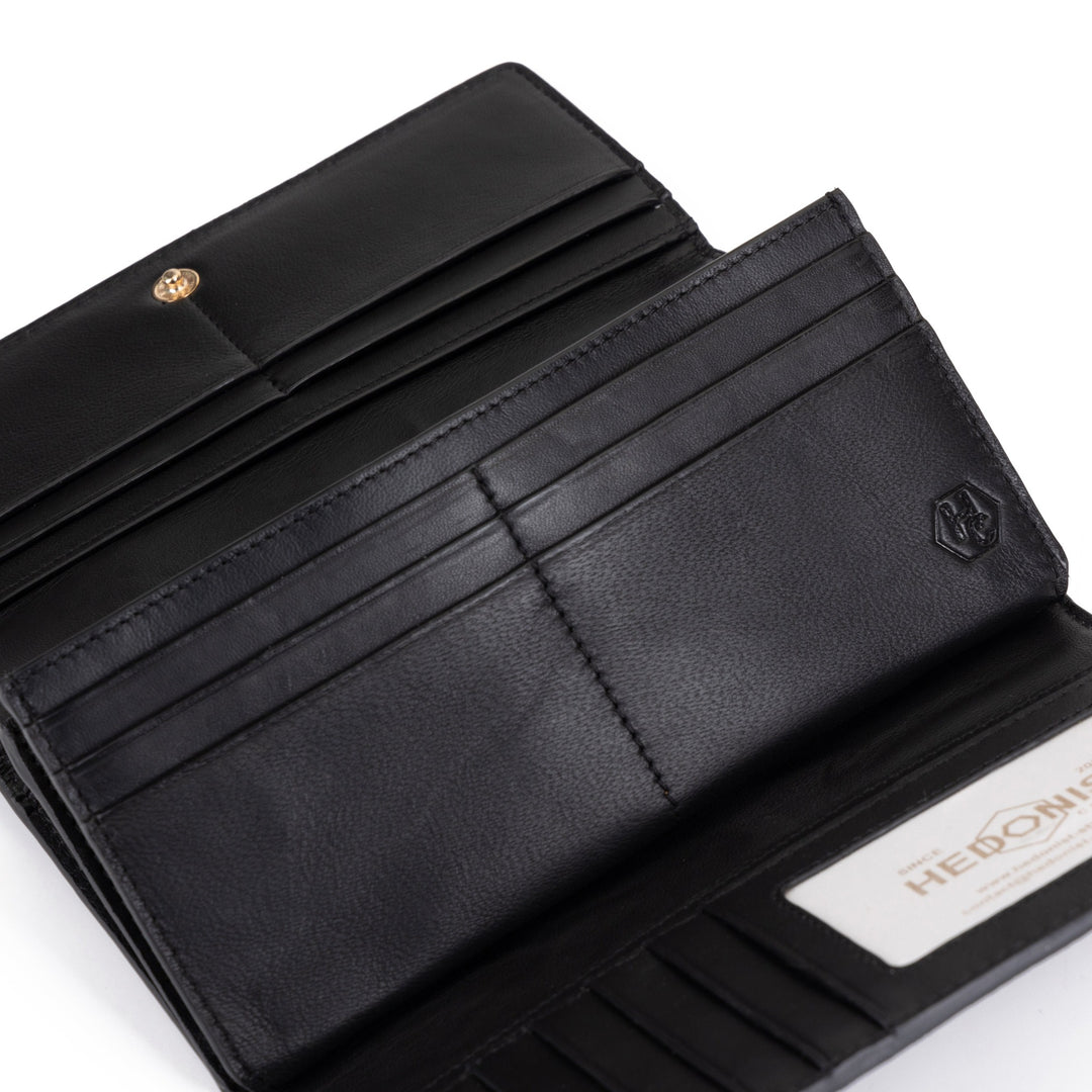 Women's Long Black Leather Wallet with Pebbled Finish by Hedonist Chicago Card Slots