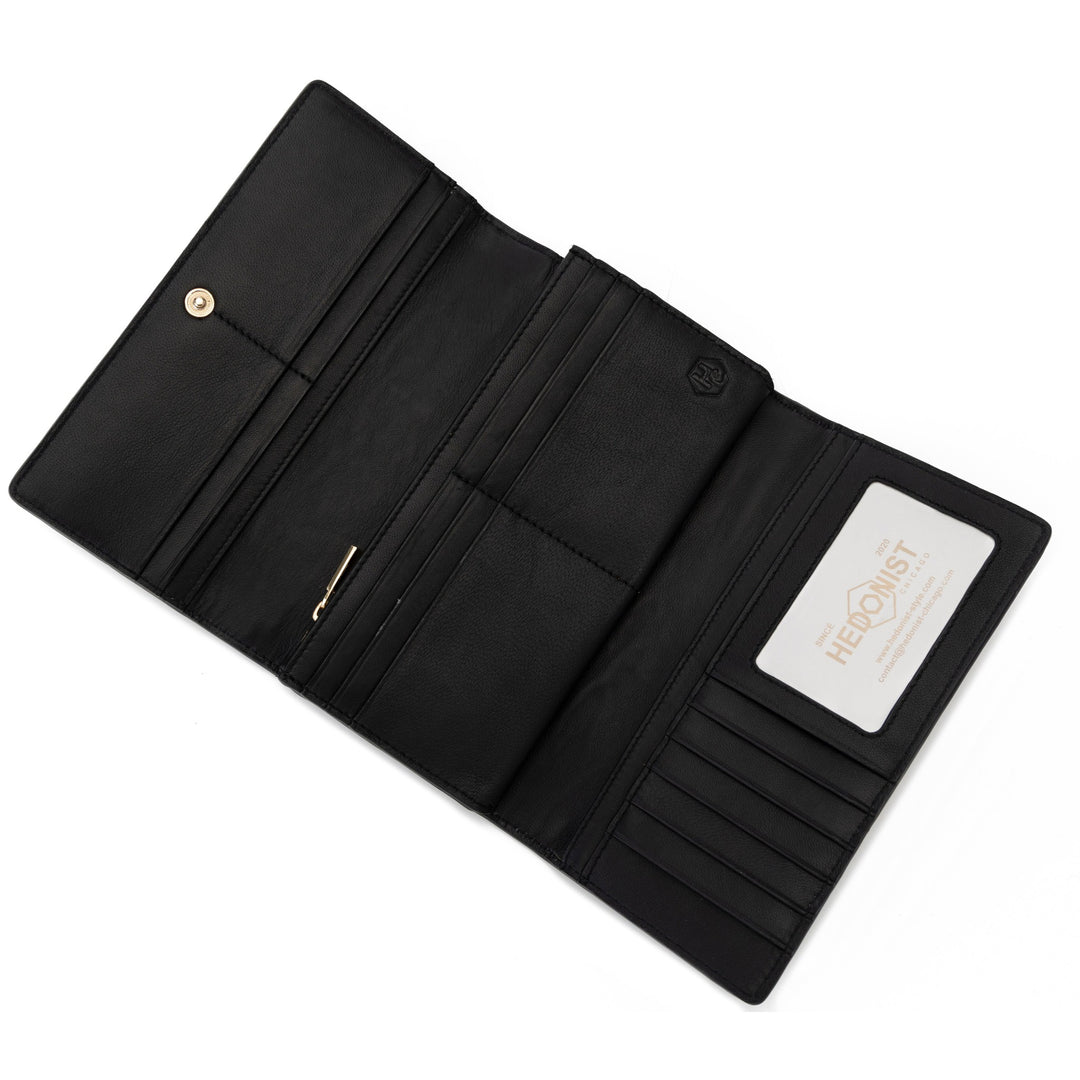 Women's Long Black Leather Wallet with Pebbled Finish by Hedonist Chicago ID Window