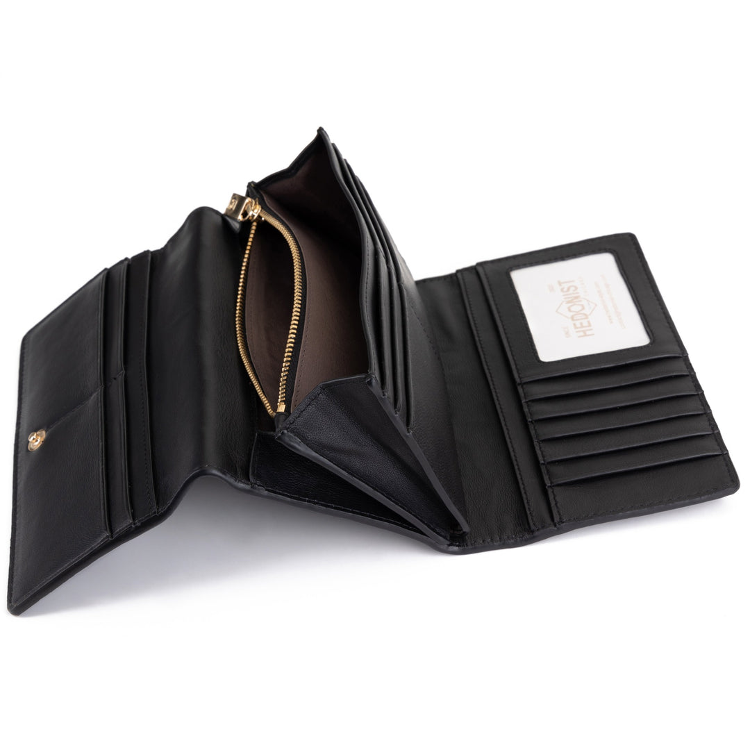 Women's Long Black Leather Wallet with Pebbled Finish by Hedonist Chicago Zipper