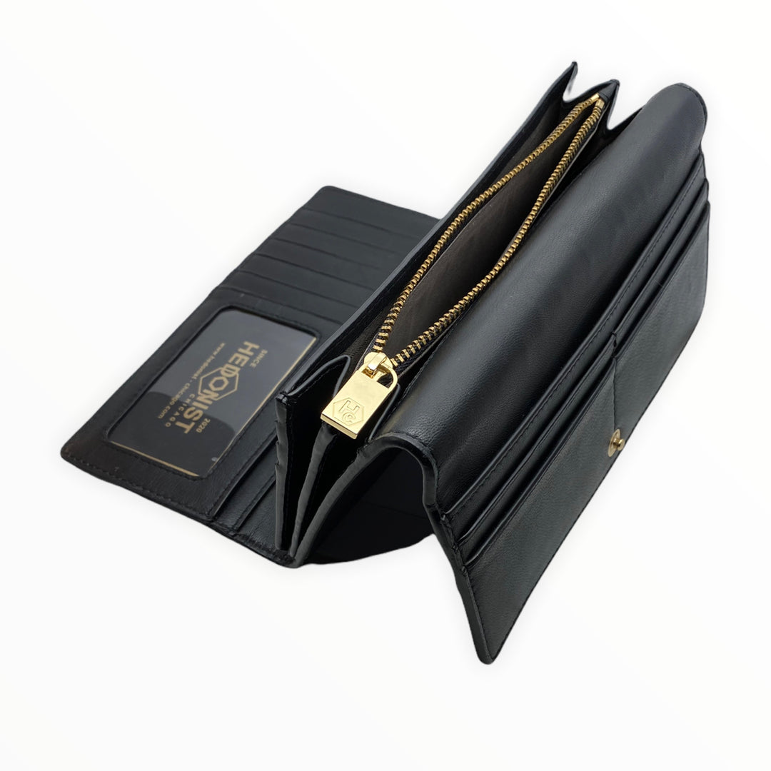 Women's Long Black Leather Wallet with Pebbled Finish by Hedonist Chicago Coin Pocket