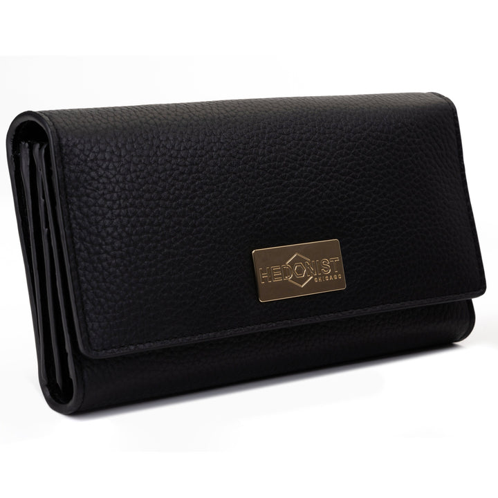 Women's Long Black Leather Wallet with Pebbled Finish by Hedonist Chicago Main View