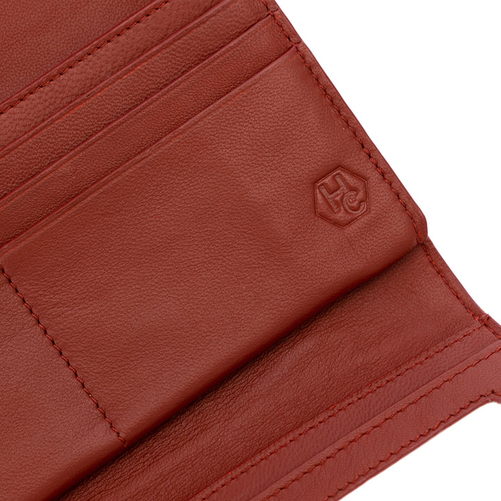 Red Leather Wallet for Women with Coin Pocket by Hedonist Chicago logo